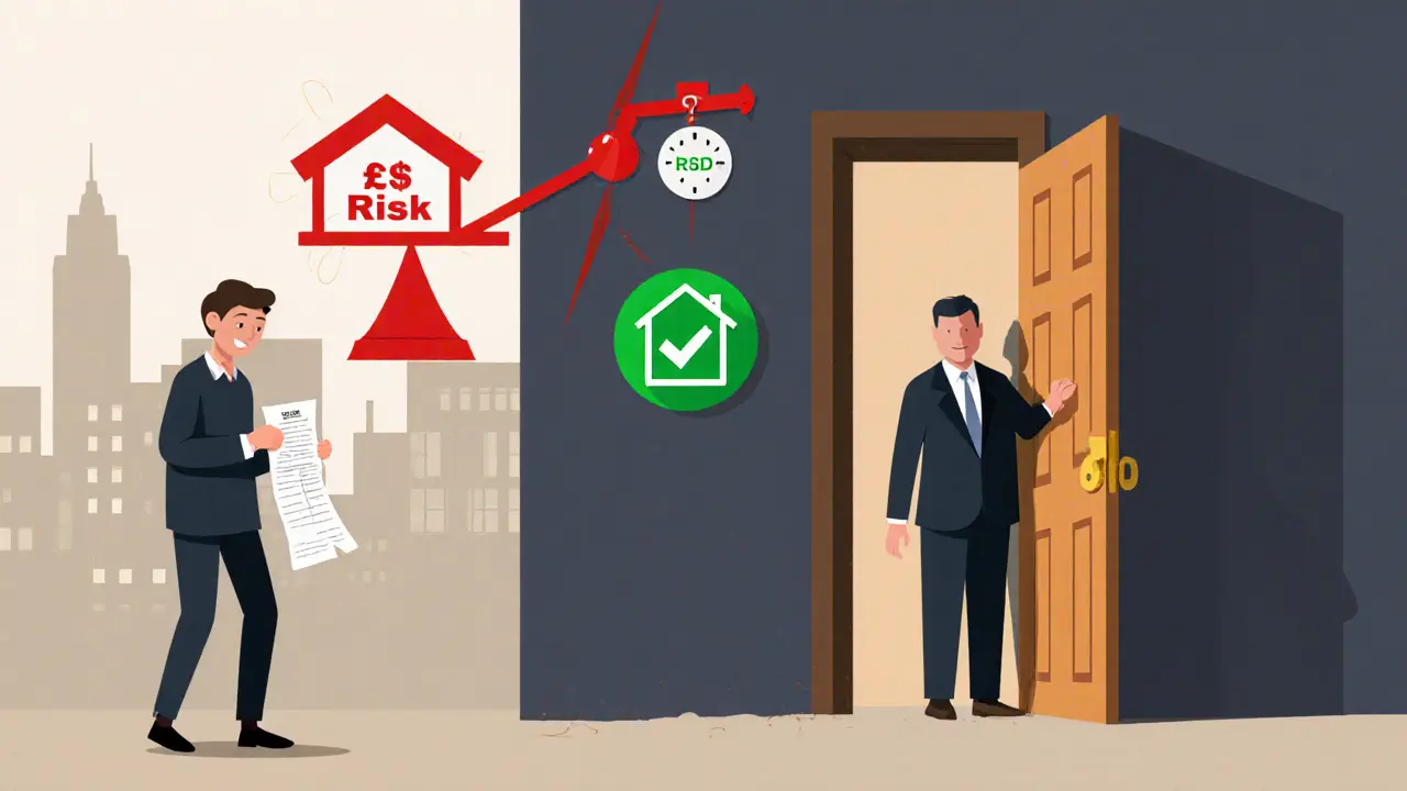 Арендатор без договора стоит у закрытой двери, а весы показывают высокий риск от нелегальной аренды.