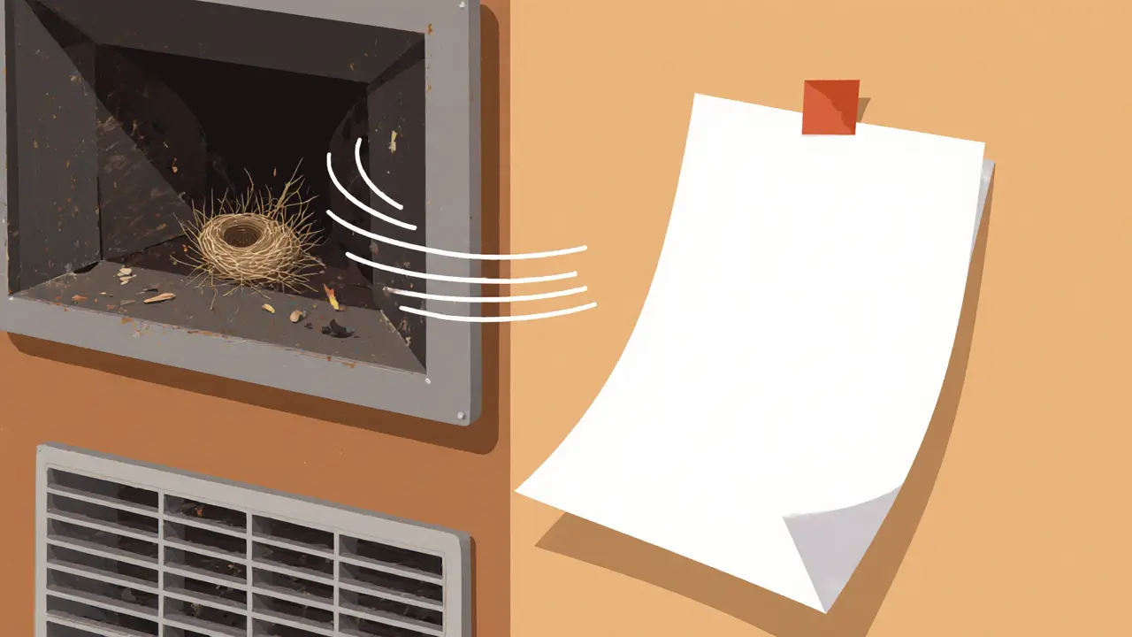 Лист бумаги прилип к вентиляционной решетке, показывая хорошую тягу.