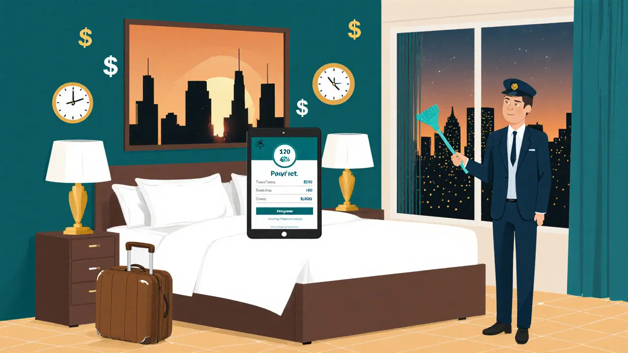 Номер в инвест-отеле с уведомлением о доходе 12% и уборщицей в фоне