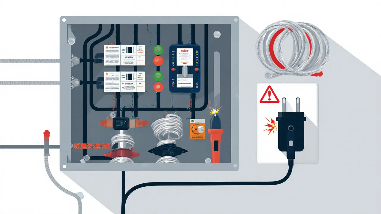 Открытый электрощиток с тестером и алюминиевыми проводами рядом с медными.