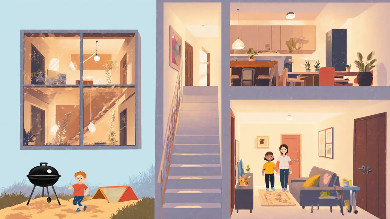 Семья в трёхуровневом таунхаусе: гостиная внизу, спальни наверху, детская площадка во дворе, вид на соседний дом.