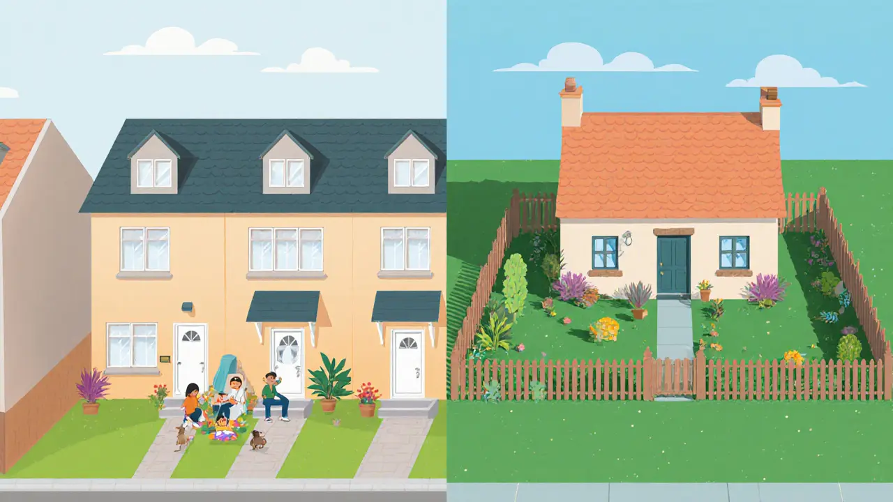 Сравнение таунхауса с коттеджем: общие стены и крыша против полной изоляции, визуальное отличие без текста.