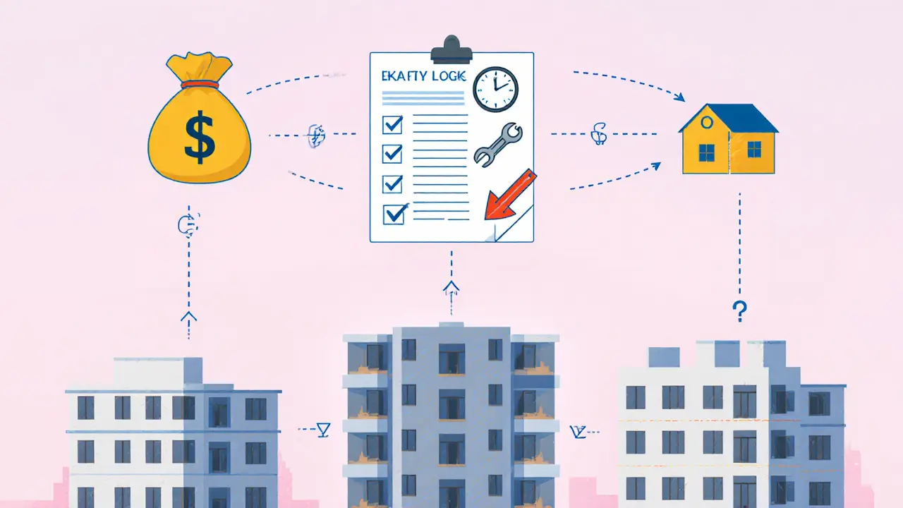 Чек-лист с иконками, помогающий выбрать тип отделки квартиры в новостройке.