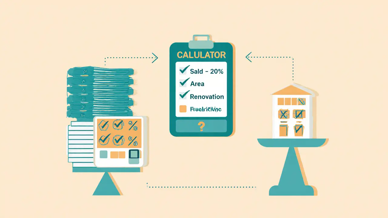 20 карточек проданных квартир с корректировками по площади, этажу и ремонту на фоне калькулятора.