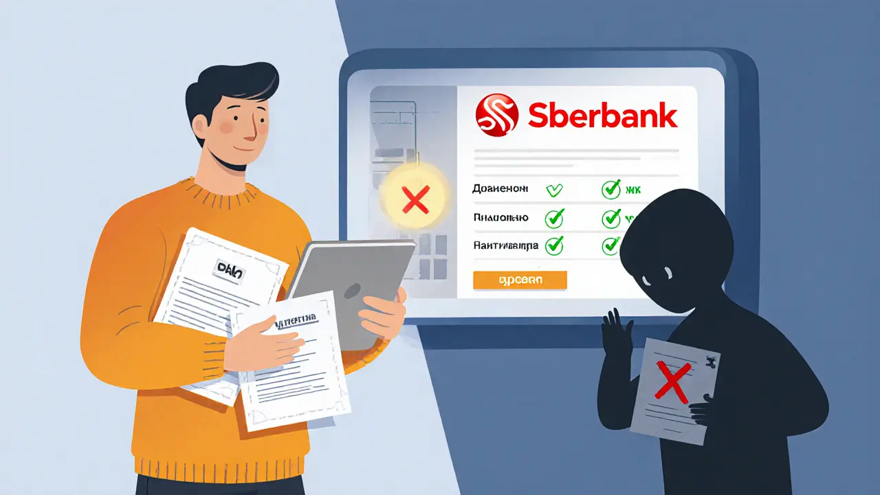 Человек проверяет документы оценщика на планшете, рядом — банк одобряет, а мошенник с дешевой оценкой в тени.