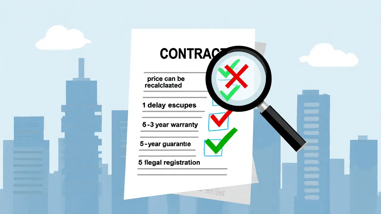Лупа показывает незаконные пункты в договоре, заменённые на законные требования: фиксированная цена, 5-летняя гарантия, регистрация.
