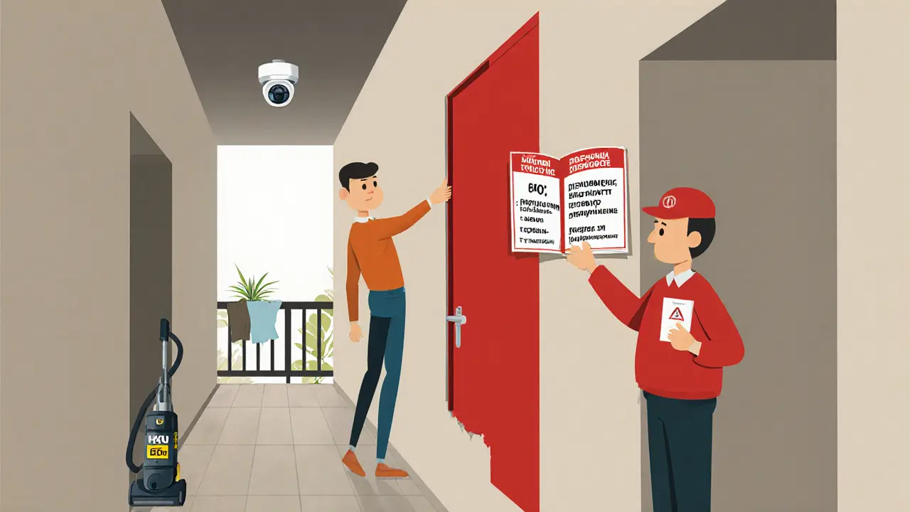 Нарушение правил: красная дверь, инспектор проверяет, балкон пустой, включён бесшумный пылесос, камера на потолке.