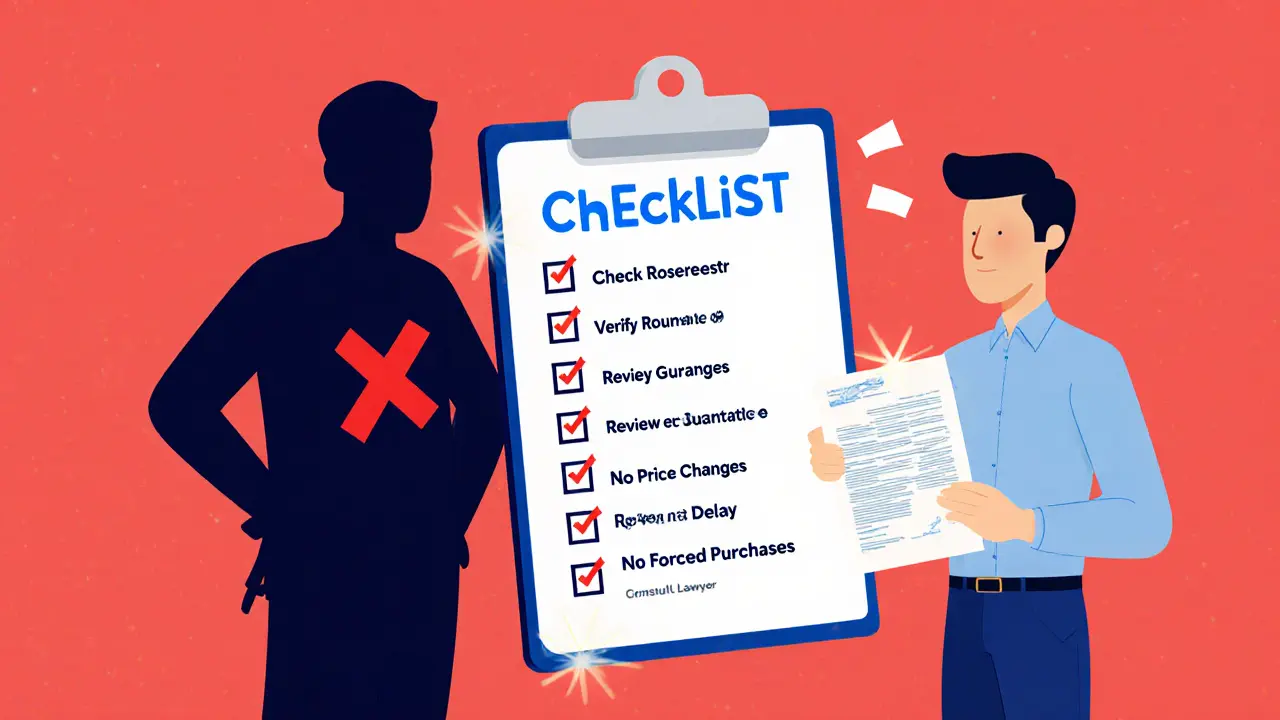 Проверочный список с шагами для безопасной покупки квартиры по ДДУ, покупатель уверенно держит подписанный договор.