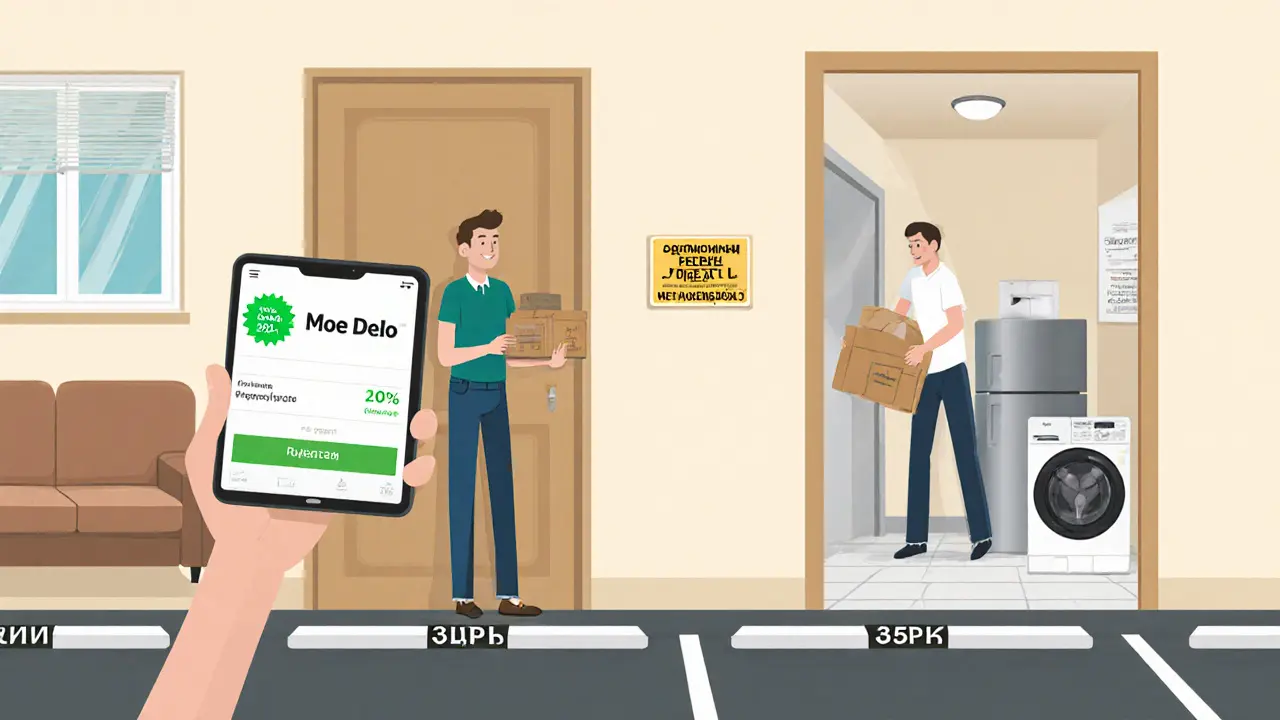 Собственник сдает квартиру с мебелью через приложение, парковка по норме, дверь нейтрального цвета, плоская иллюстрация.