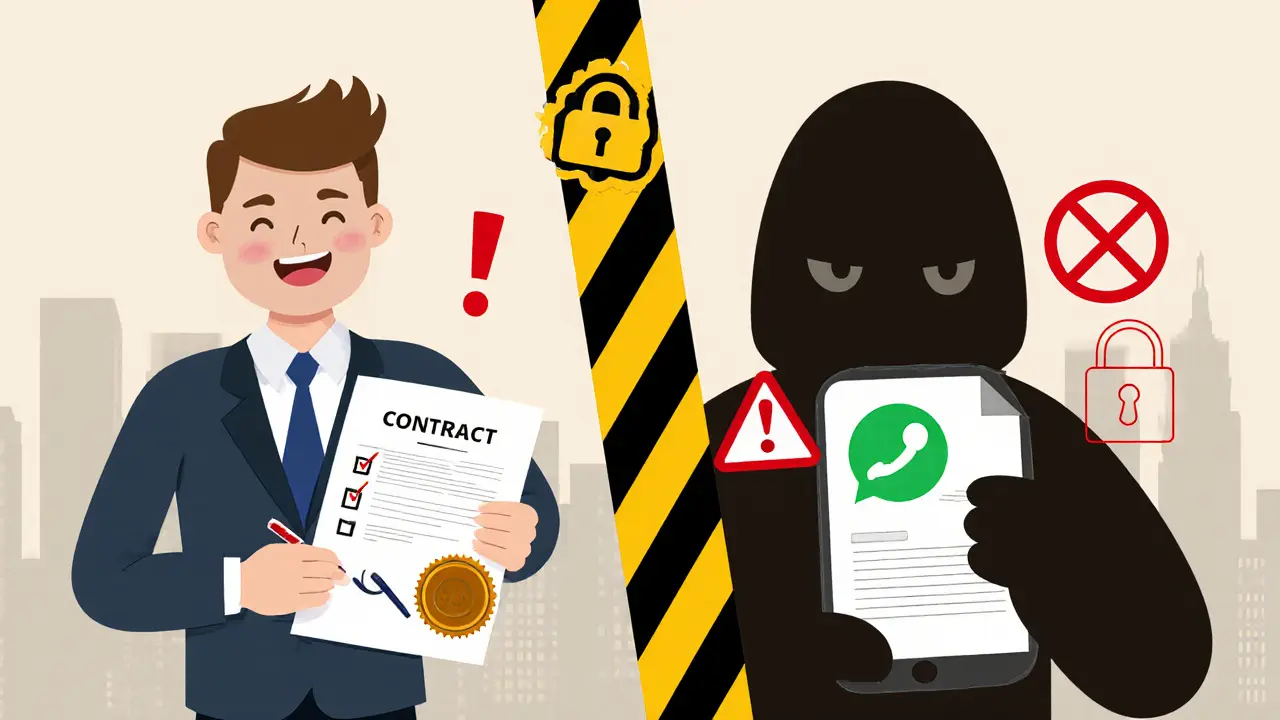 Сравнение безопасного оформления договора с нотариусом и рискованной подписи через WhatsApp.
