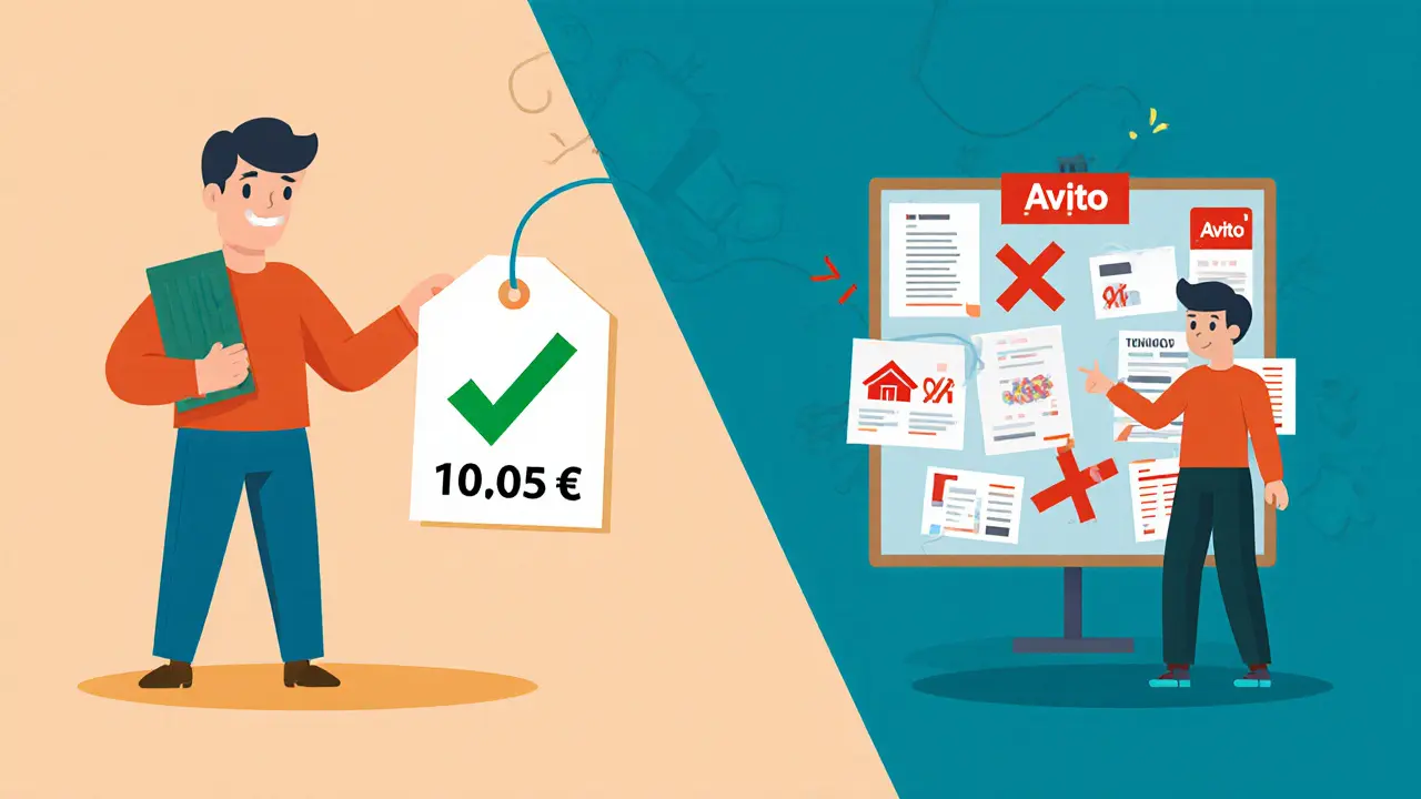 Сравнение: уверенный продавец с точной ценой слева и запутанный человек с ненадежными объявлениями справа.