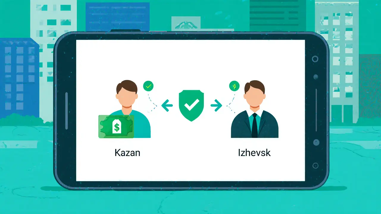 Цифровая транзакция через приложение: деньги переходят безопасно от покупателя к продавцу после регистрации.