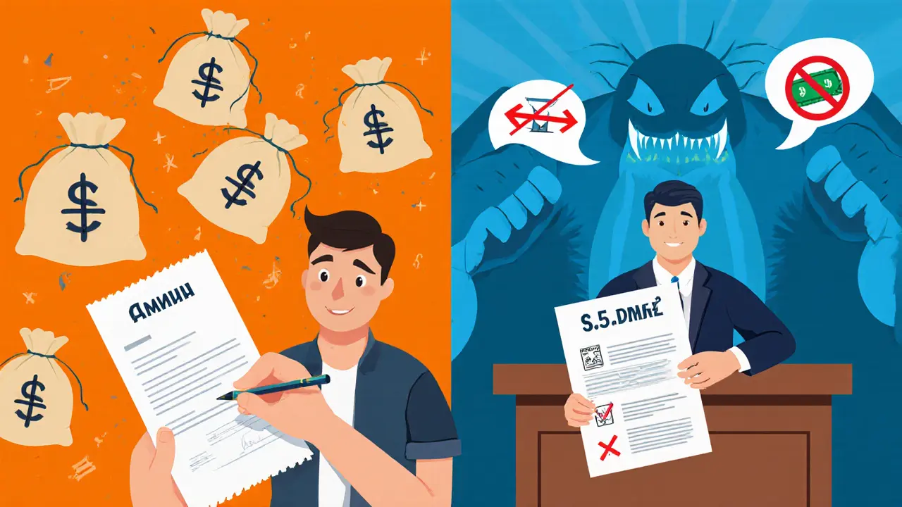 Продавец подписывает расписку, а деньги улетают, рядом — суд и налоговая с большими цифрами.