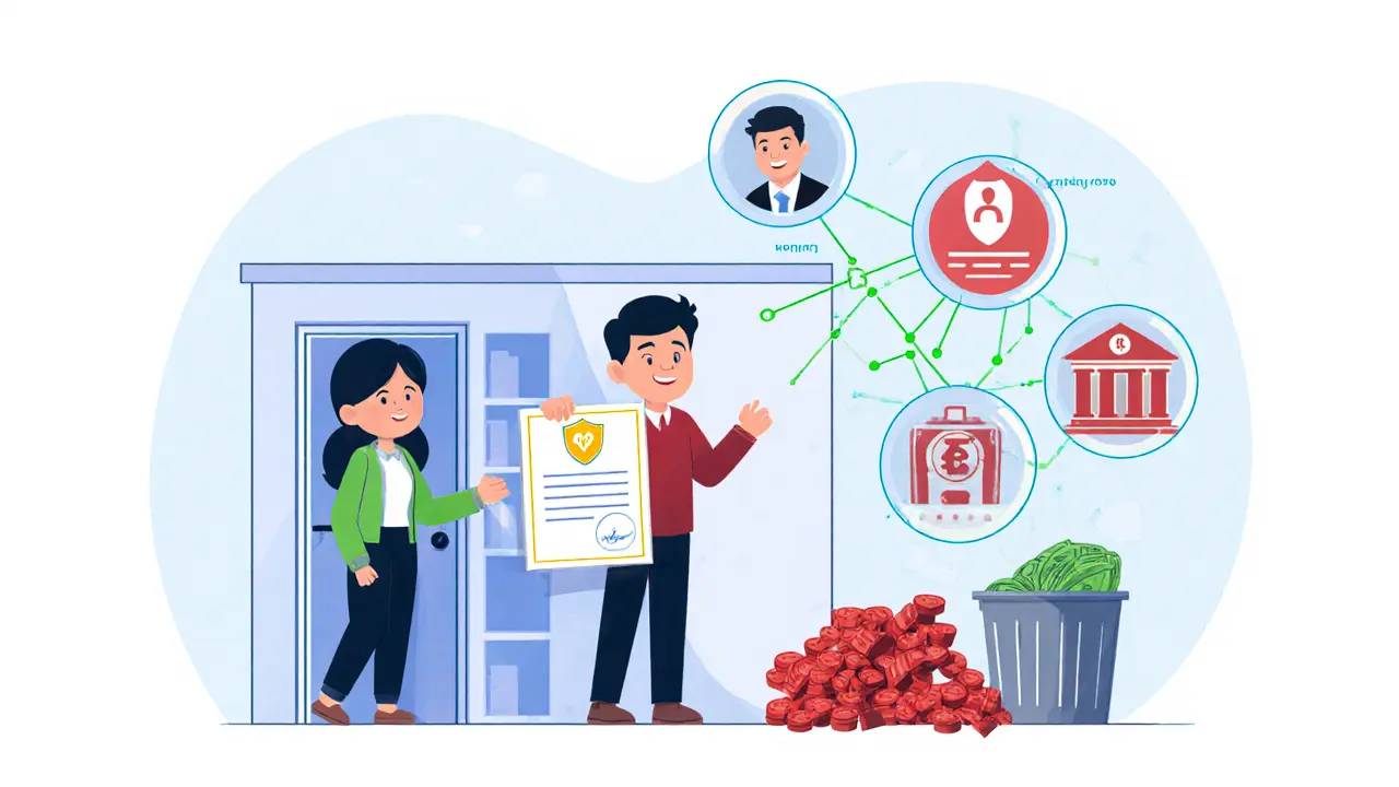 Семья с сертификатом СБР, вокруг — безопасные методы, а позади рушатся рискованные способы оплаты.