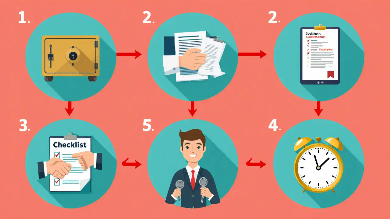 Схема безопасной продажи квартиры: шесть шагов в виде иконок, продавец спокоен и уверен.