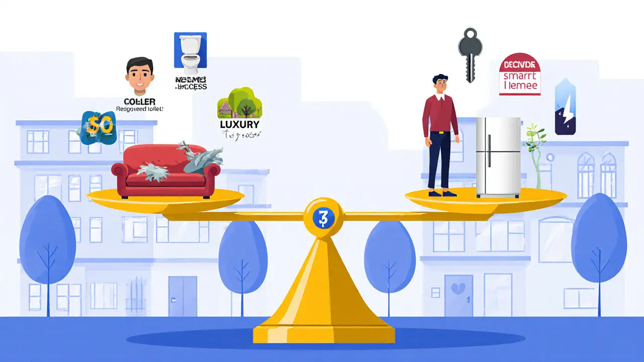 Весы, сравнивающие завышенные и реальные факторы стоимости квартиры, с символами метро, парка и умного дома