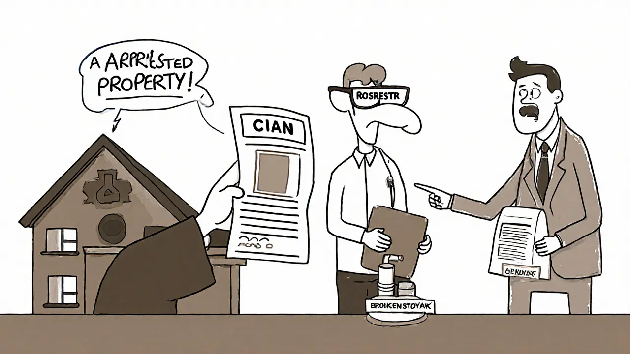 Дом на суде, на нем арест, а покупатель держит распечатку с сайта недвижимости.