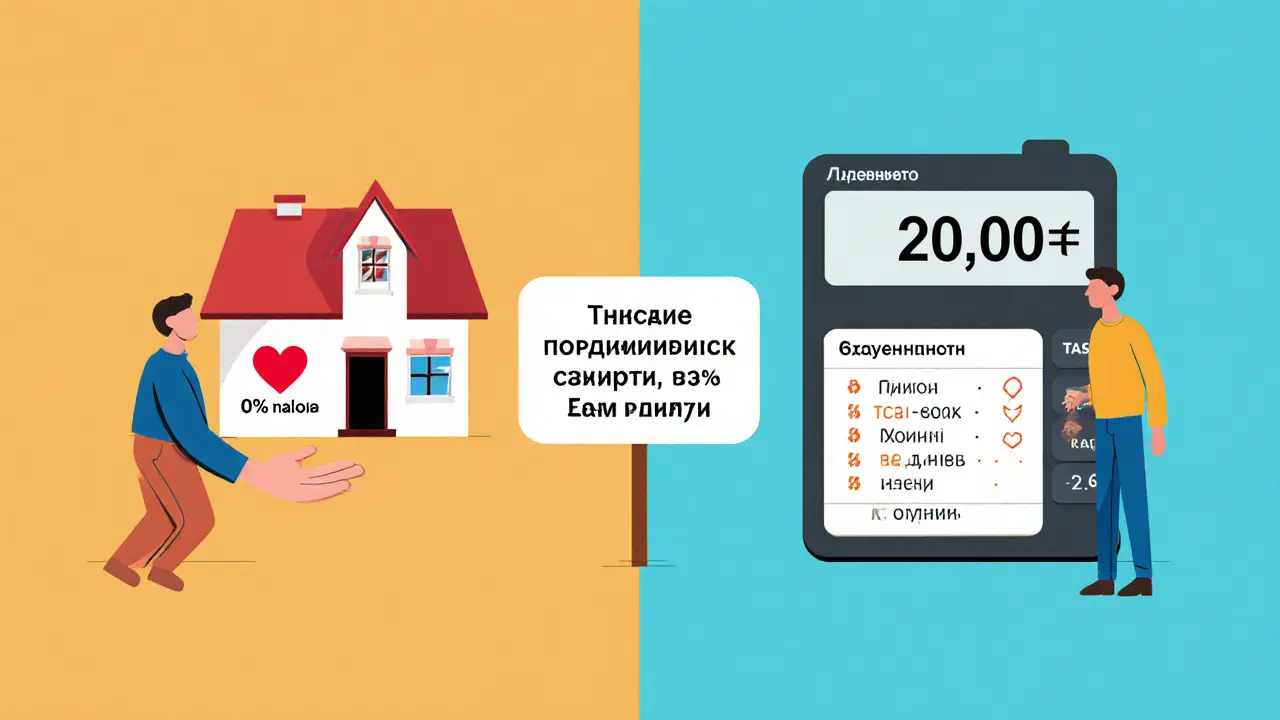 Два сценария дарения: один с родственником (без налога), другой с незнакомцем (с высоким налогом и нотариусом).