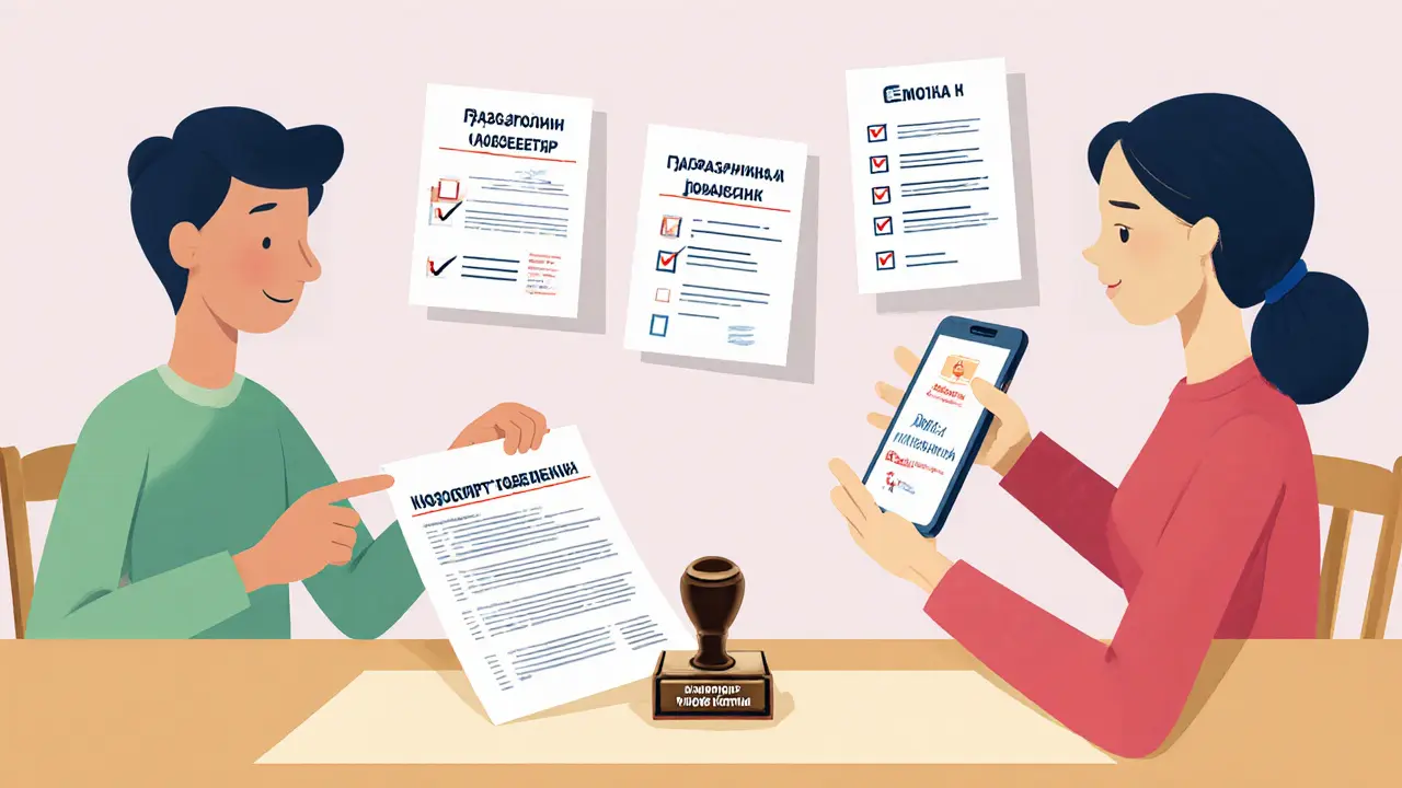 Семья обсуждает договор дарения на кухне, перед ними нотариальная печать и список необходимых документов.