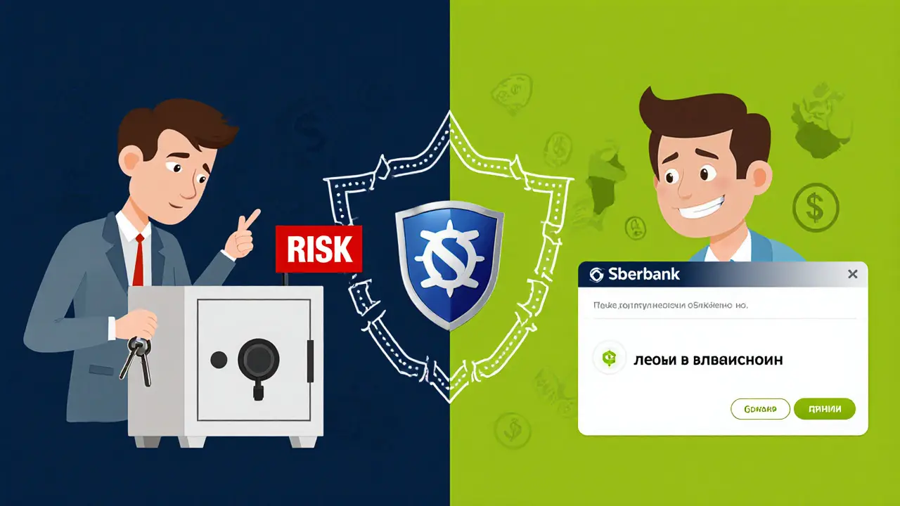 Сравнение рискованной ячейки и безопасного аккредитива: слева — опасность, справа — автоматический перевод.