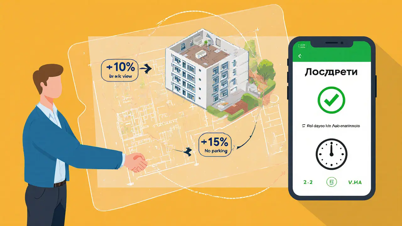 Покупатель и продавец договариваются, видны корректировки цены за вид, ремонт и парковку, на телефоне — проверка Росреестра.