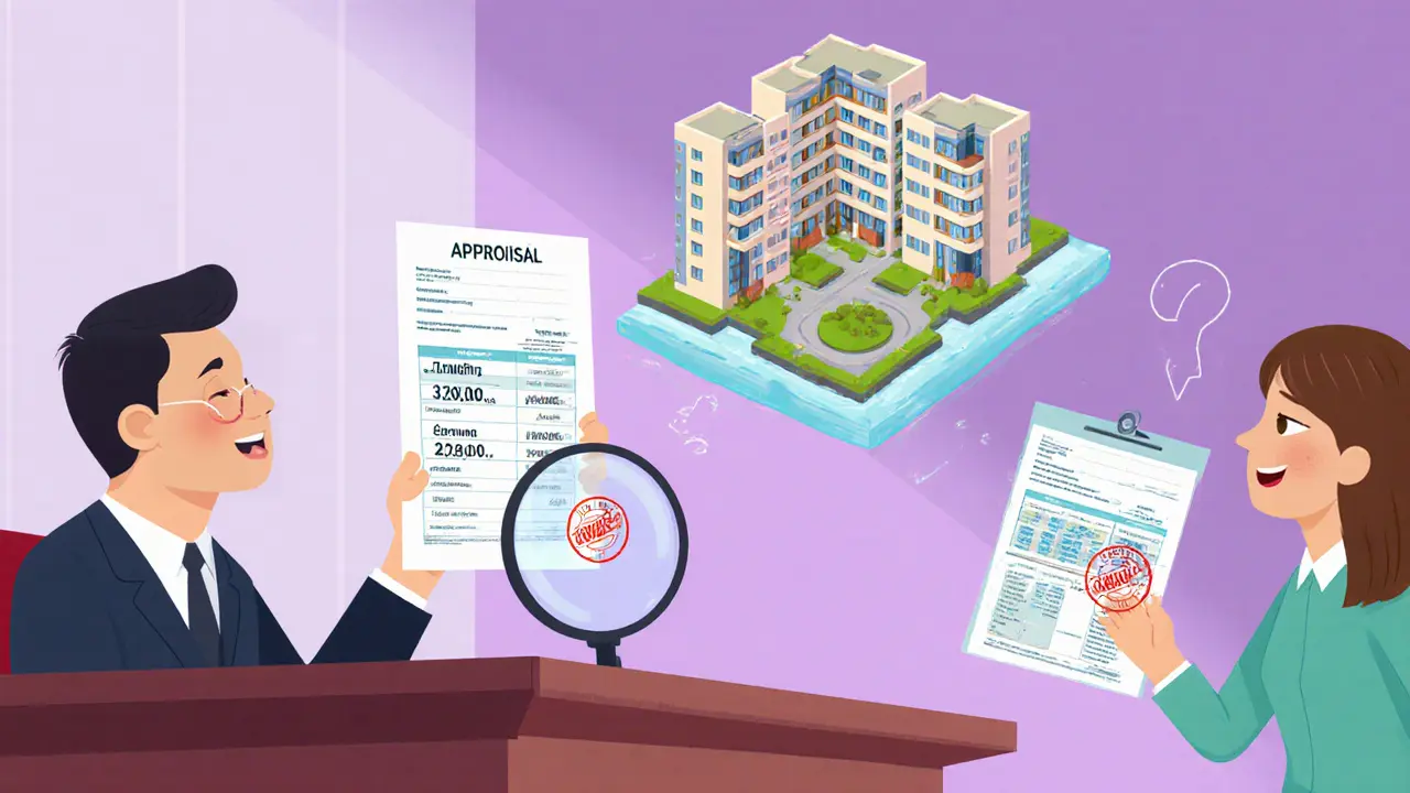 Судебный процесс с оценочным отчетом, налогами и сравнением квартир, судья держит документ.