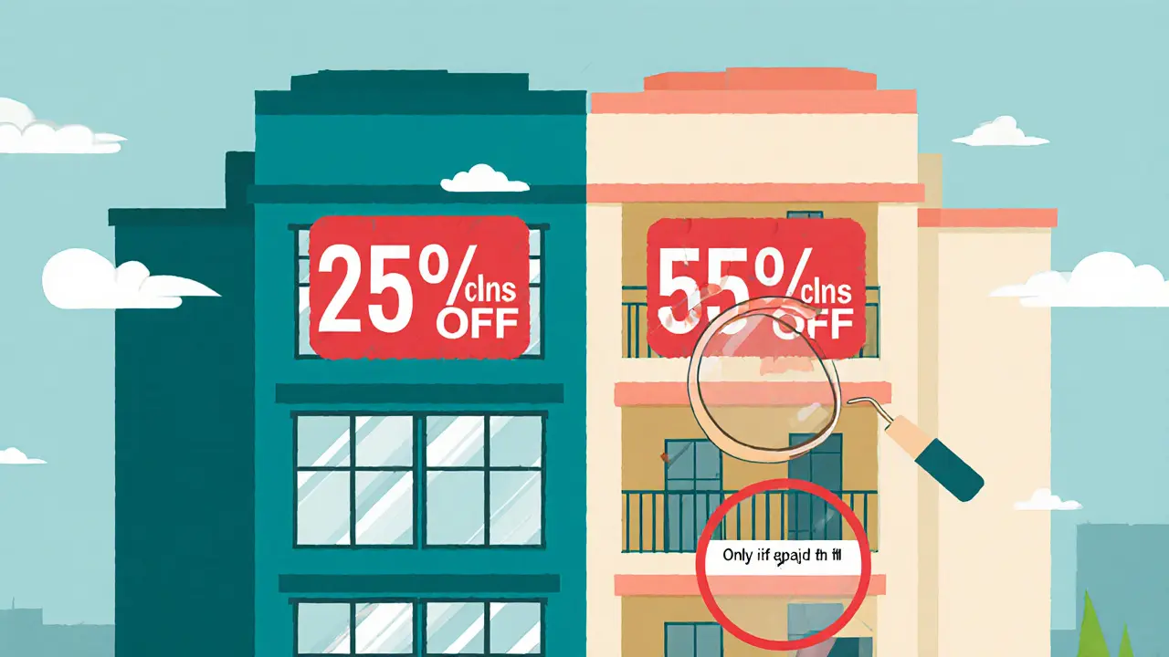 Две квартиры: одна со скидкой на высоком этаже, другая без скидки — с видом. Показано различие в условиях.