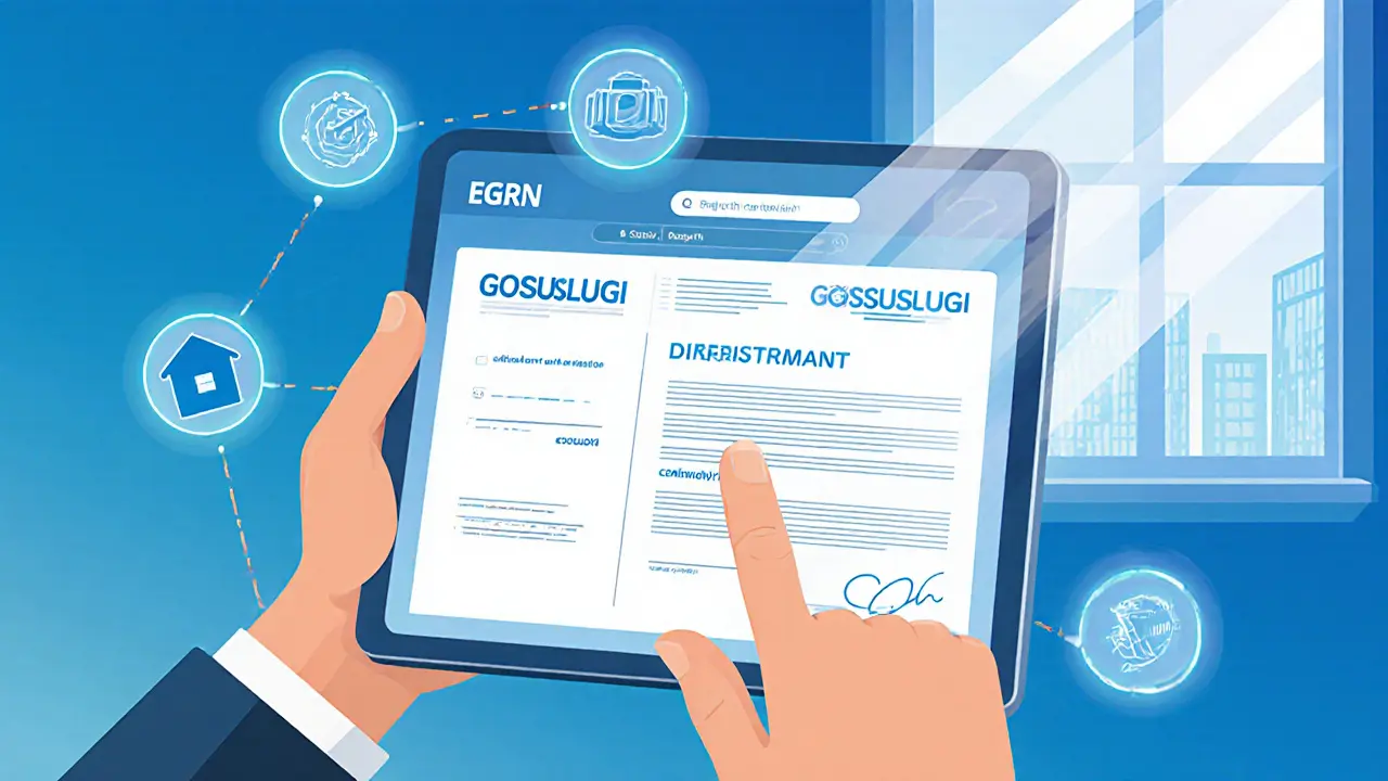 Электронная регистрация сделки через Госуслуги: подписи на планшетах с данными о квартире.