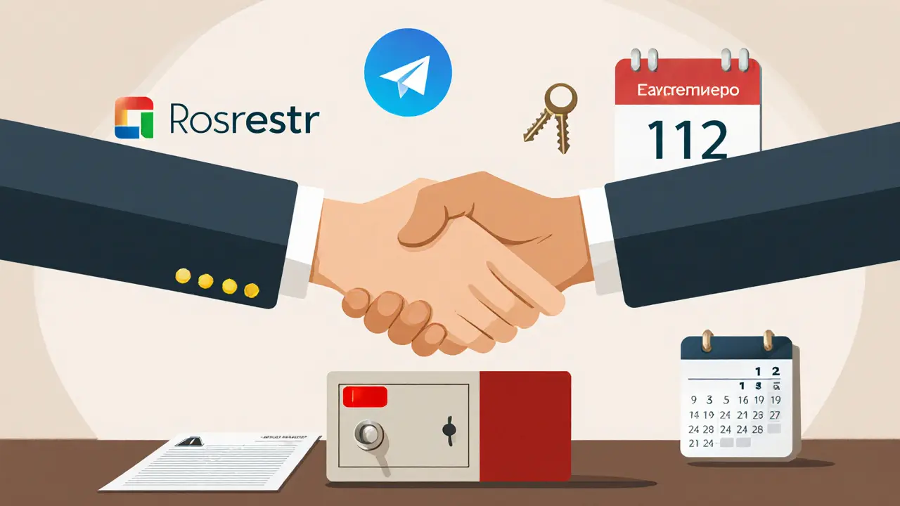 Руки shaking над банковской ячейкой, рядом ключи и документы, символы Росреестра и Telegram.