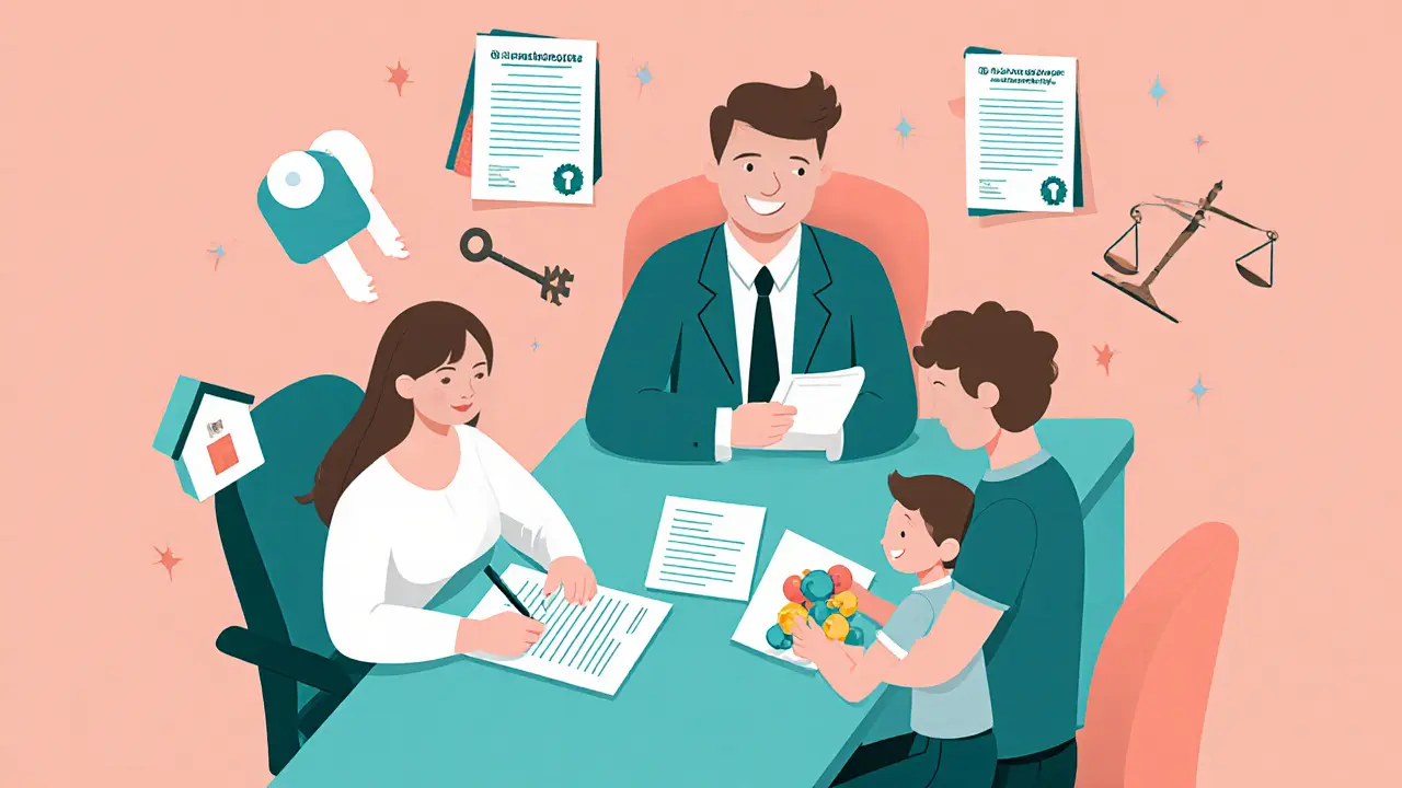 Семья подписывает согласие нотариуса на продажу квартиры, ребенок рядом.