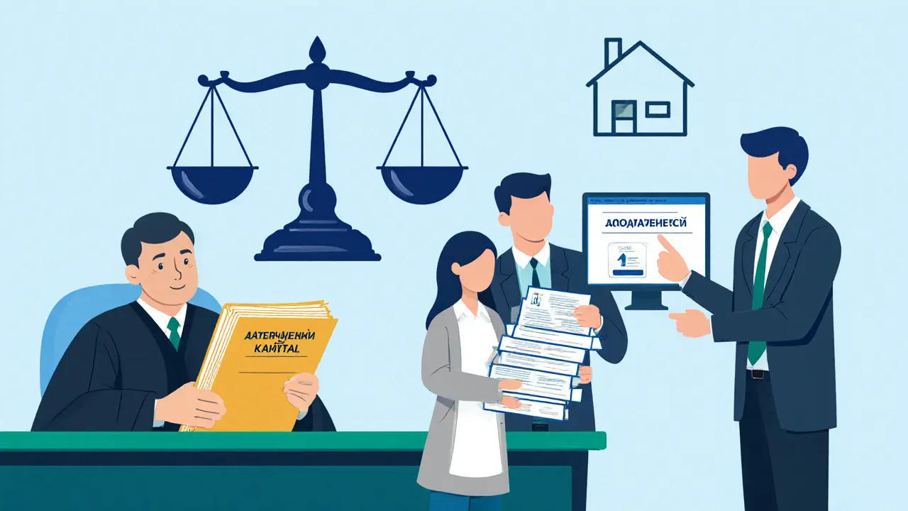 Семья представляет документы в суде, судья одобряет их по ЕГРН.