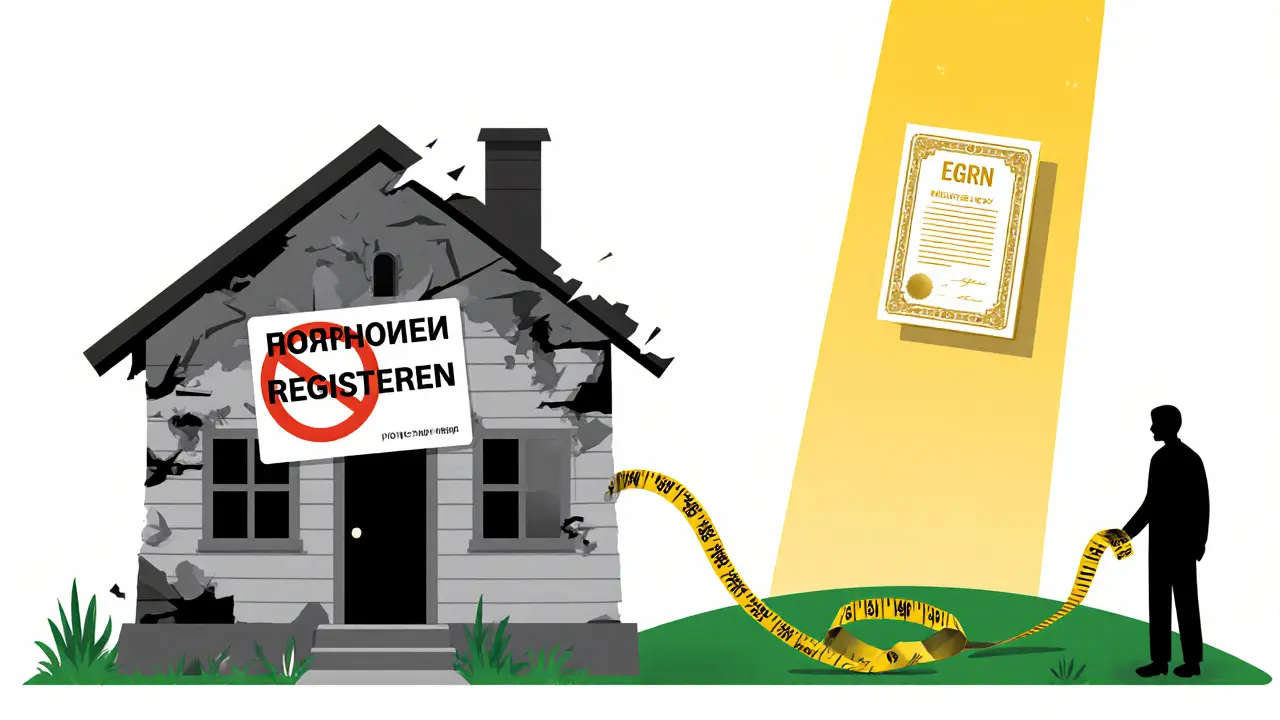 Сравнение заброшенного и оформленного дома с символами прав и споров