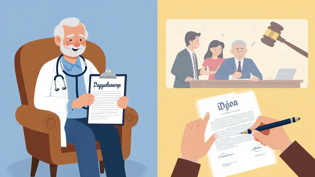 Врач осматривает пожилого продавца дома, рядом — документы на продажу квартиры.