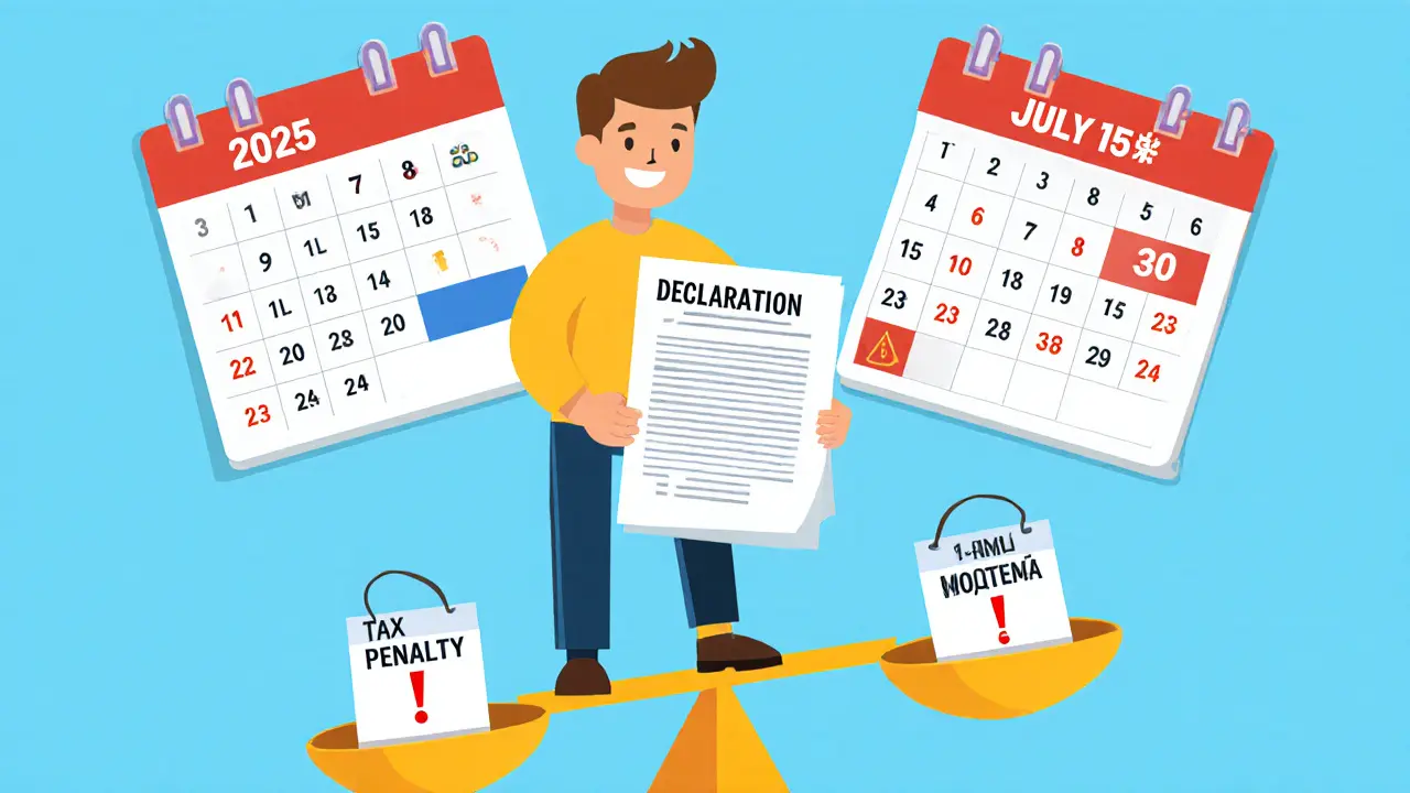 Человек подает декларацию 3-НДФЛ, весы показывают штраф и вычет в 1 млн рублей, календарь с датами.