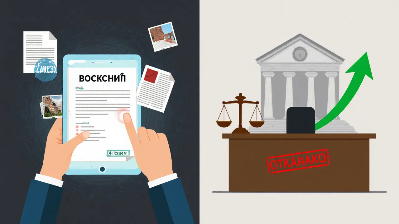 Человек подает документы через Госуслуги, справа — отказ комиссии и путь к суду.