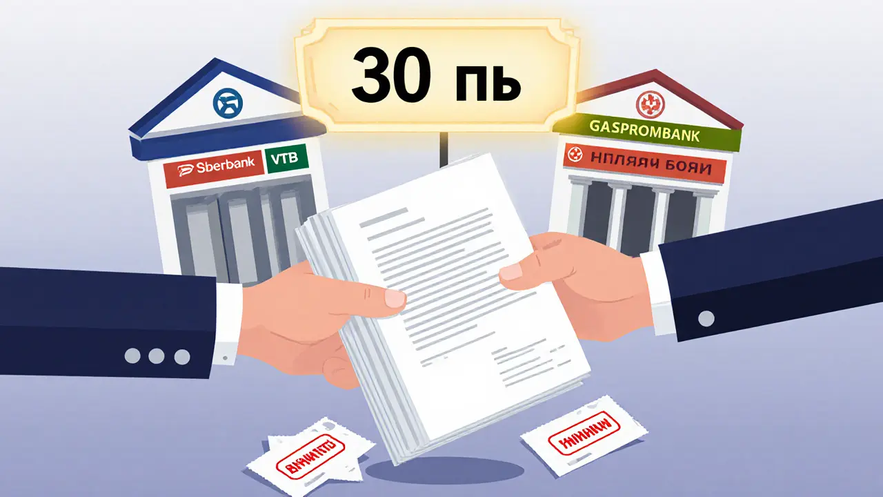 Человек подаёт документы в банк, а за спиной — три крупных банка с лимитом 30 млн.