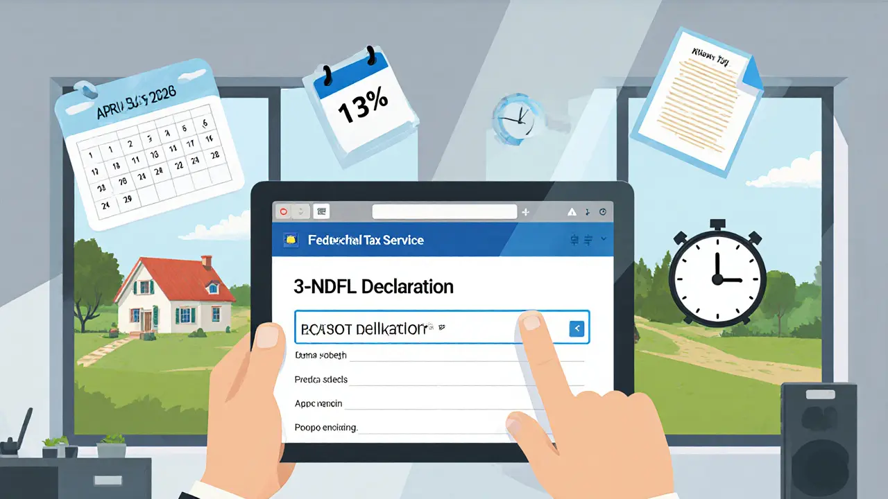 Человек подает налоговую декларацию через приложение на планшете, рядом календарь и значок налога.