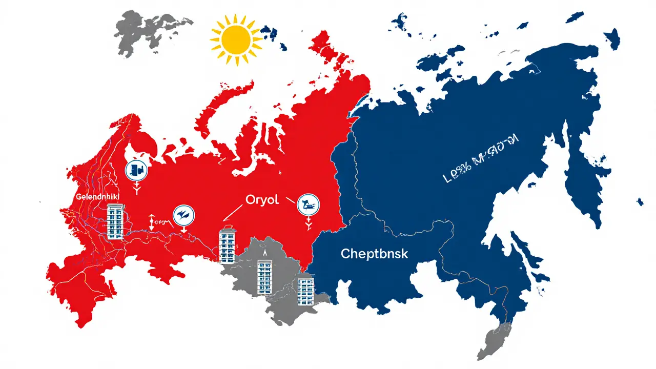 Карта России с цветами, показывающими доходность аренды в разных городах