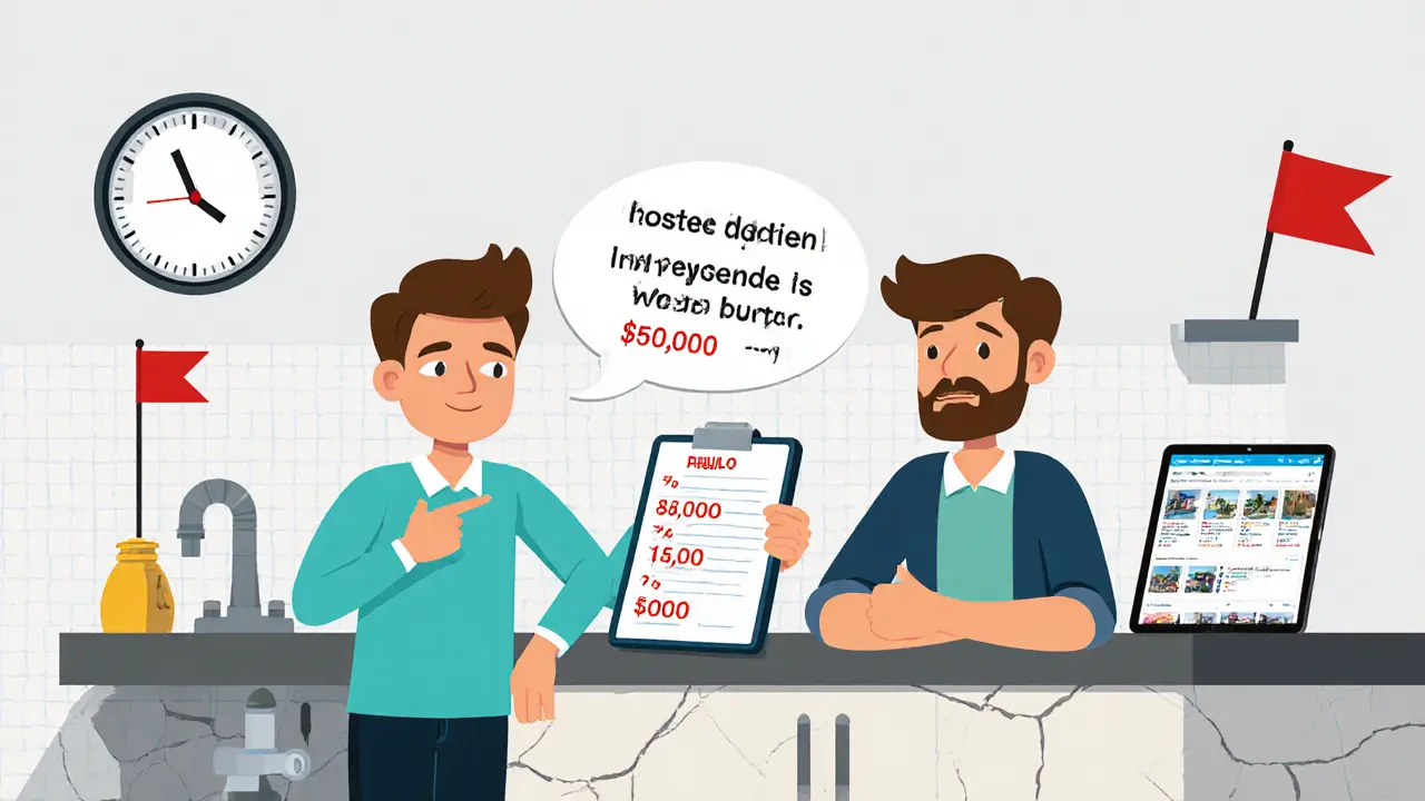 Мужчина считает расходы на ремонт, продавец смотрит на треснувшую плитку и часы, показывающие 90 дней.