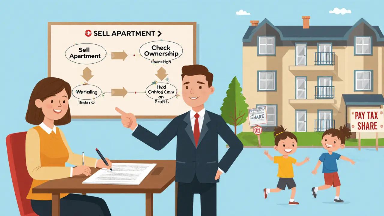 Пара подписывает обмен квартиры, консультант показывает схему расчета налога, дети рядом с новой квартирой.