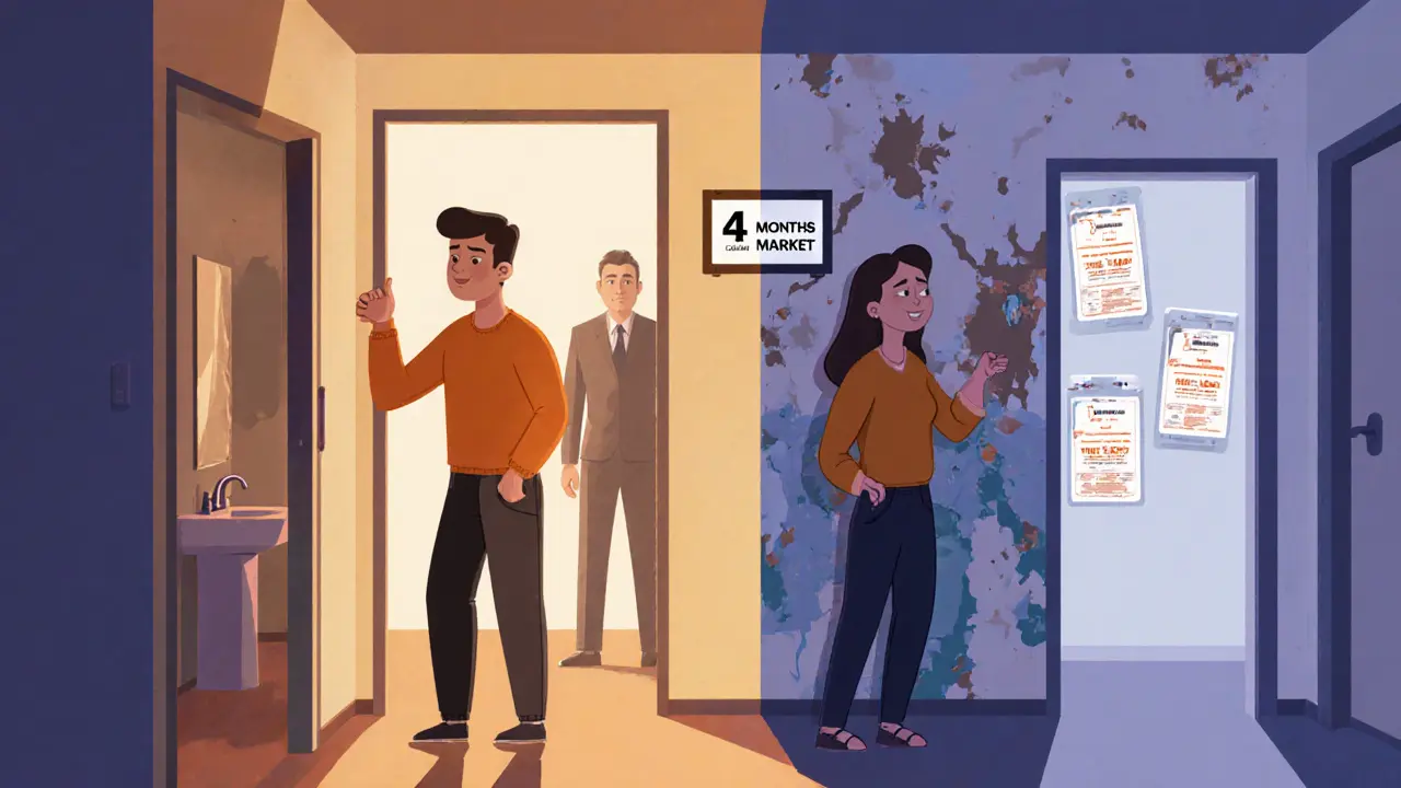Пара с разными мнениями осматривает ванную, продавец в замешательстве, на стене — знак '4 месяца на рынке'.