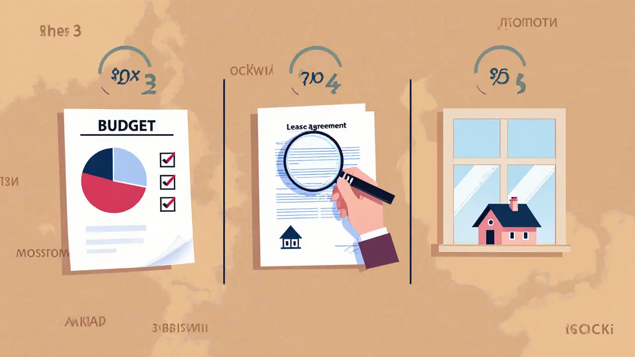 Пошаговая проверка бюджета, документов и договора аренды в виде иллюстрации с растущим домом.