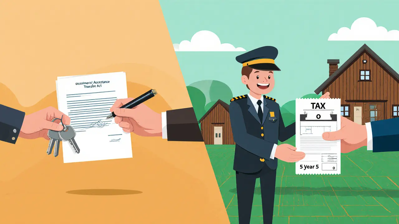 Продавец передает ключи покупателю, справа — налоговая справка с нулевым налогом после 5 лет владения.