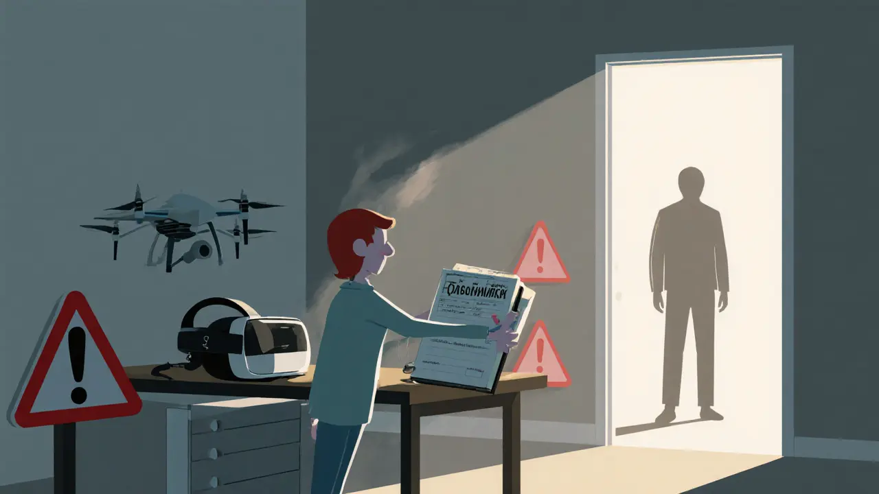 Продавец проверяет квартиру после показа с записями и VR-техникой.