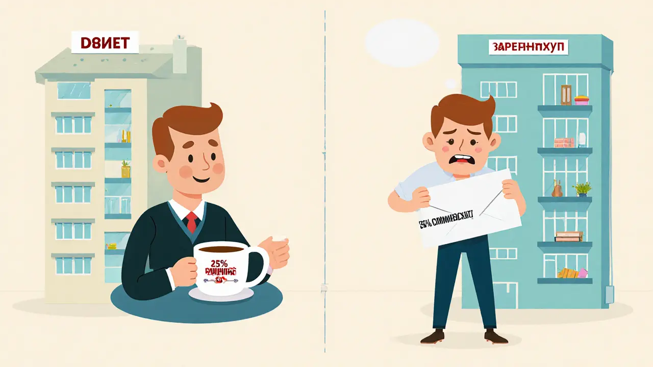 Разделённая комиссия: собственник платит 25%, арендатор — 100%, изображены в двух частях сцены.