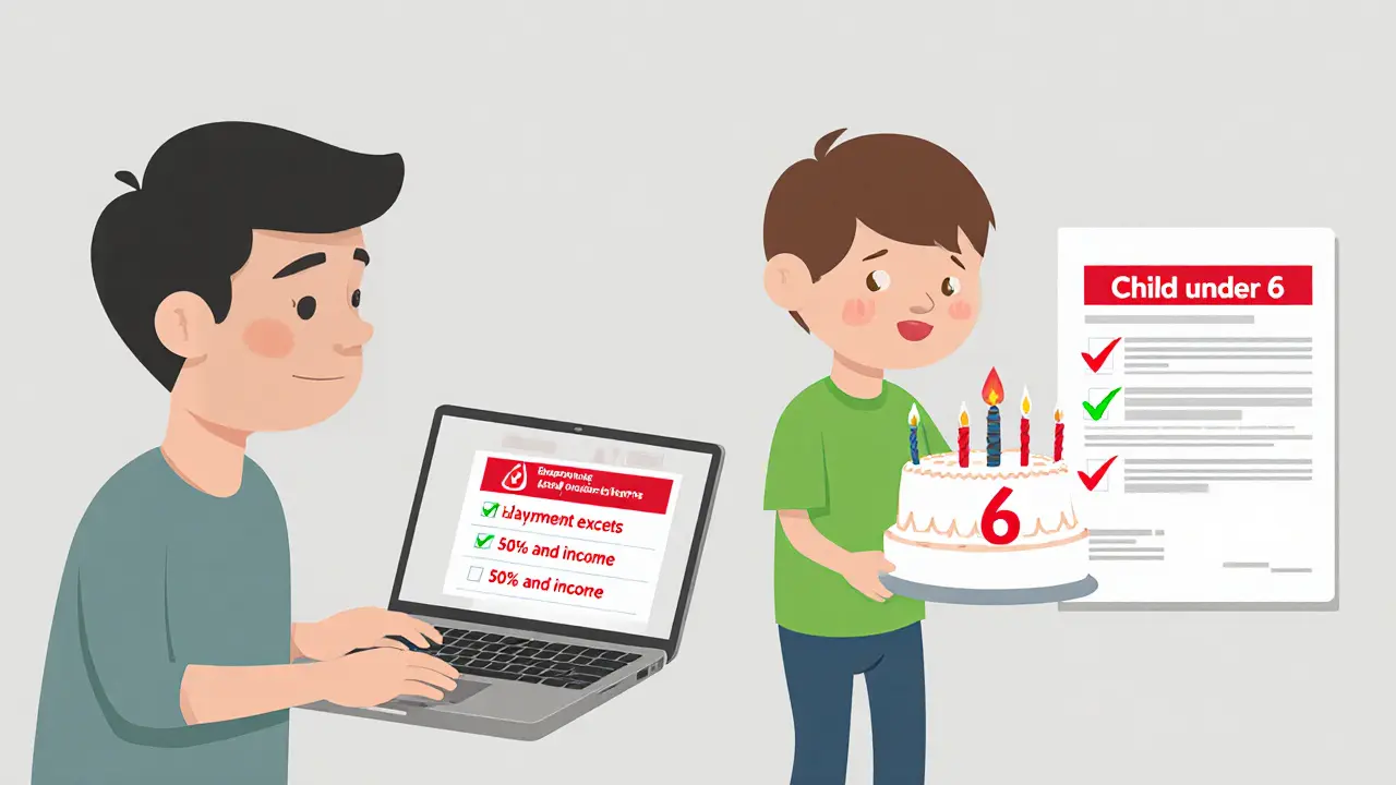 Родитель смотрит на кредитный калькулятор, ребёнку исполнилось 6 лет — красный знак отказа.