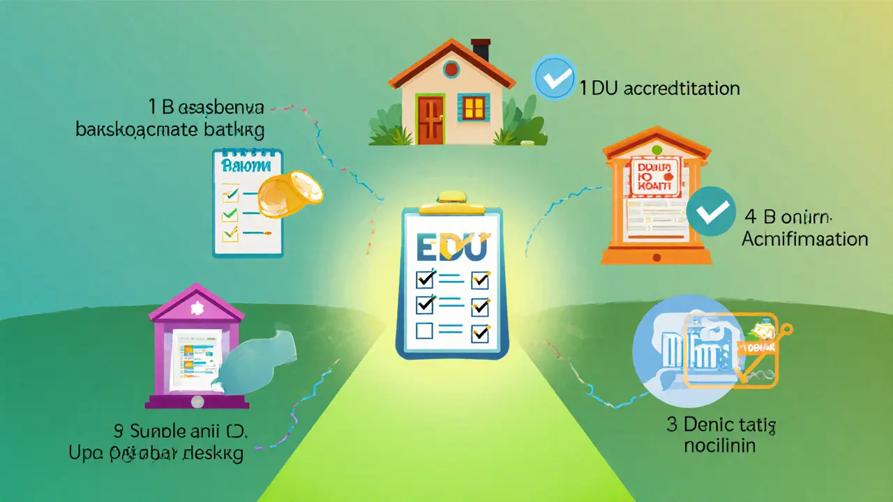 Шаги проверки эскроу-счета в виде цветных иконок с галочками, ведущих к дому с отметкой 'Сдан'.