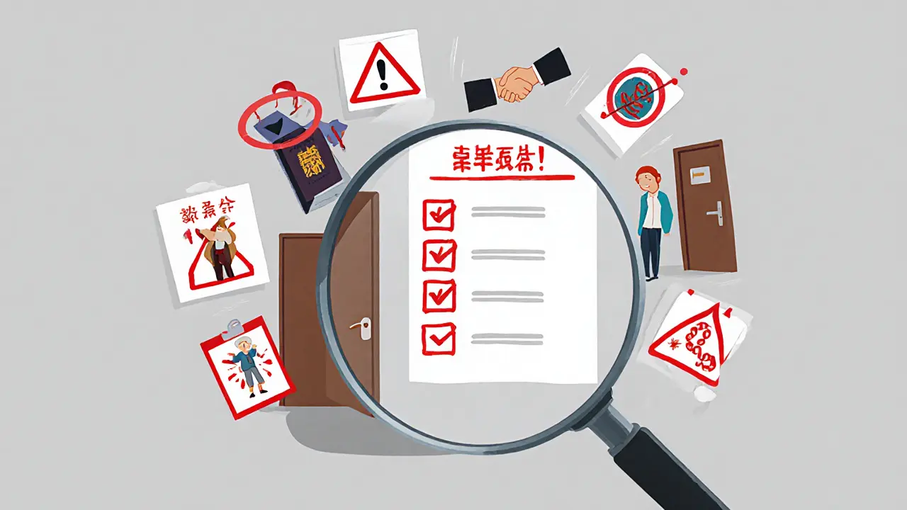 Список из 12 признаков мошенничества вокруг двери квартиры с красными символами опасности.