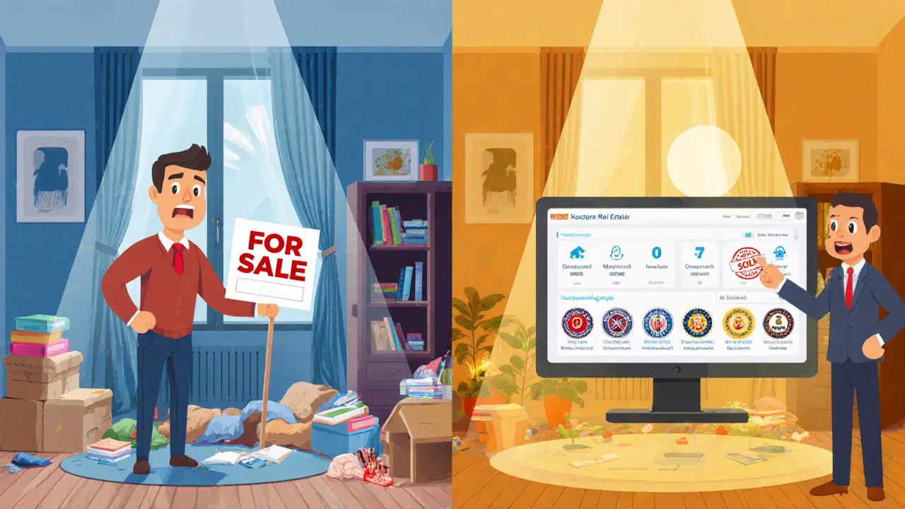 Сравнение захламленной и профессионально подготовленной квартиры с цифрой 47 продаж и значком гильдии