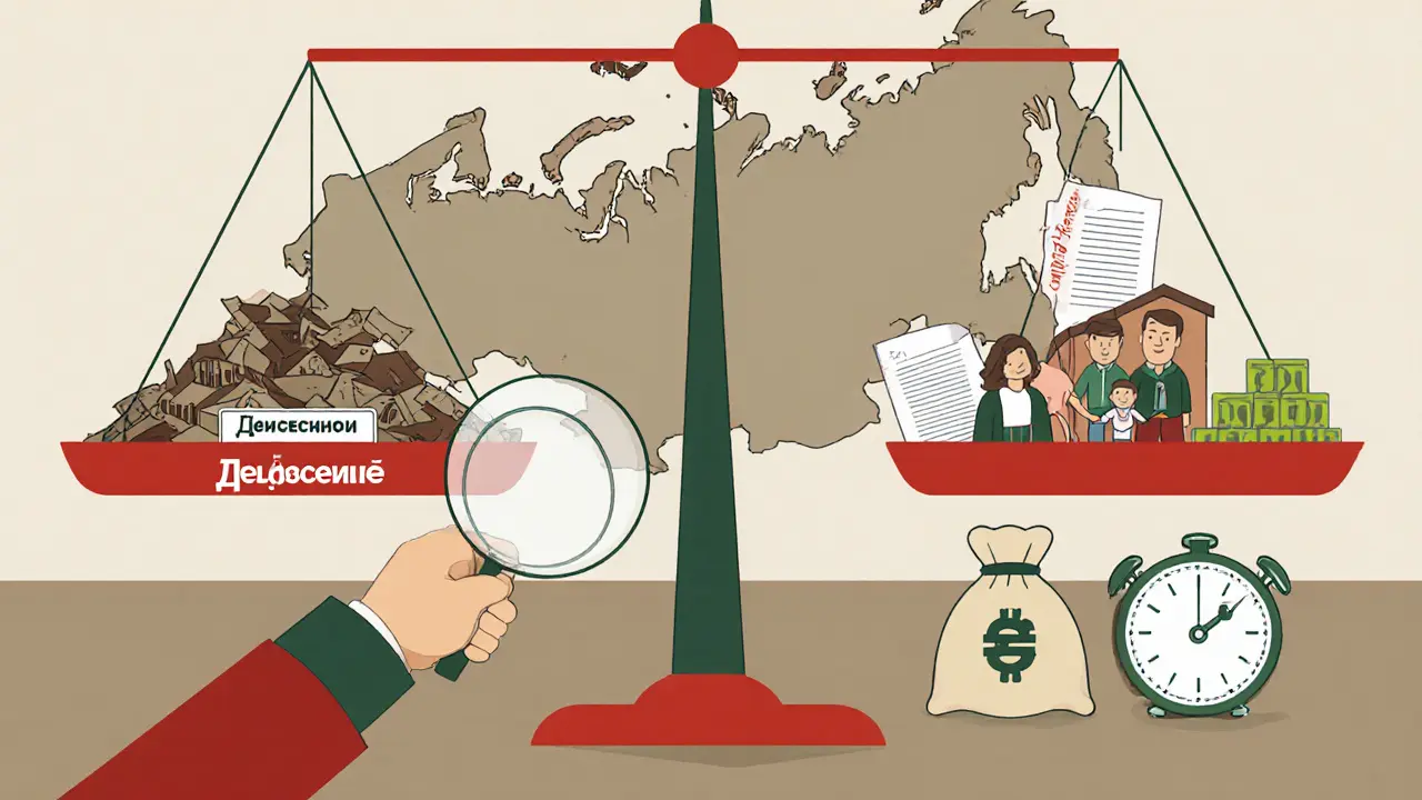 Судья сравнивает разрушенные дома на сельхозземле с целым домом на участке ИЖС на весах.